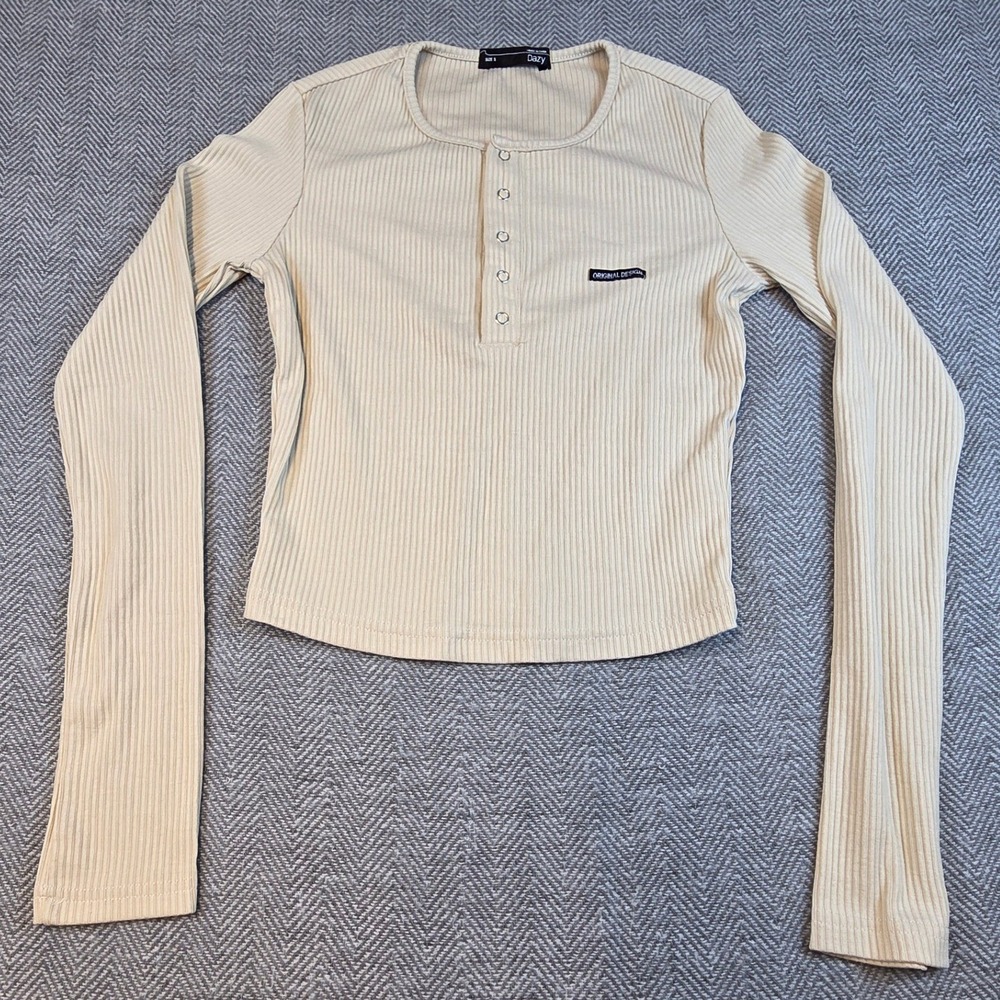 Dazy Womens Ribbed Long Sleeve Henley Top Beige Size S Original Design Patch